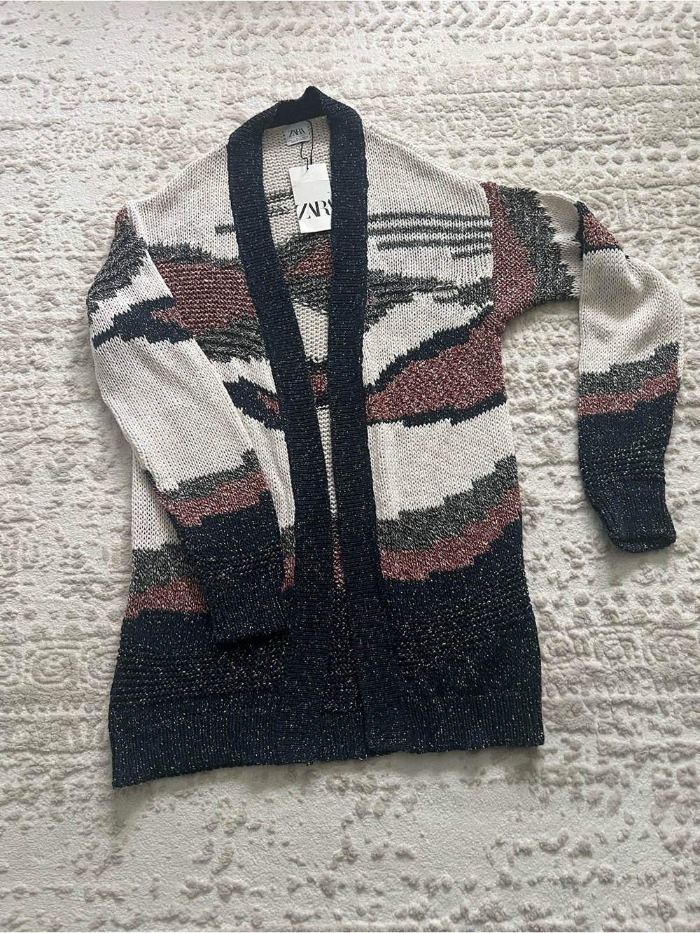 Zara Black, Ivory & Rust Knit Open-Front Cardigan